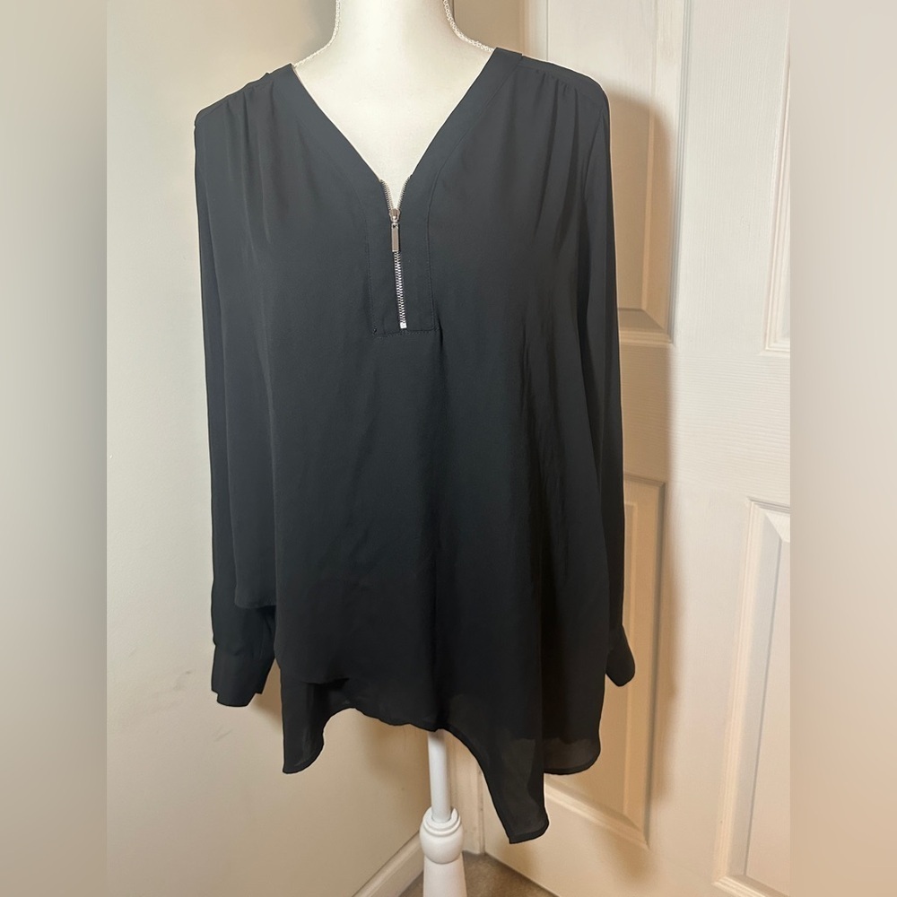 New Directions V Neck Sheer Back Blouse.